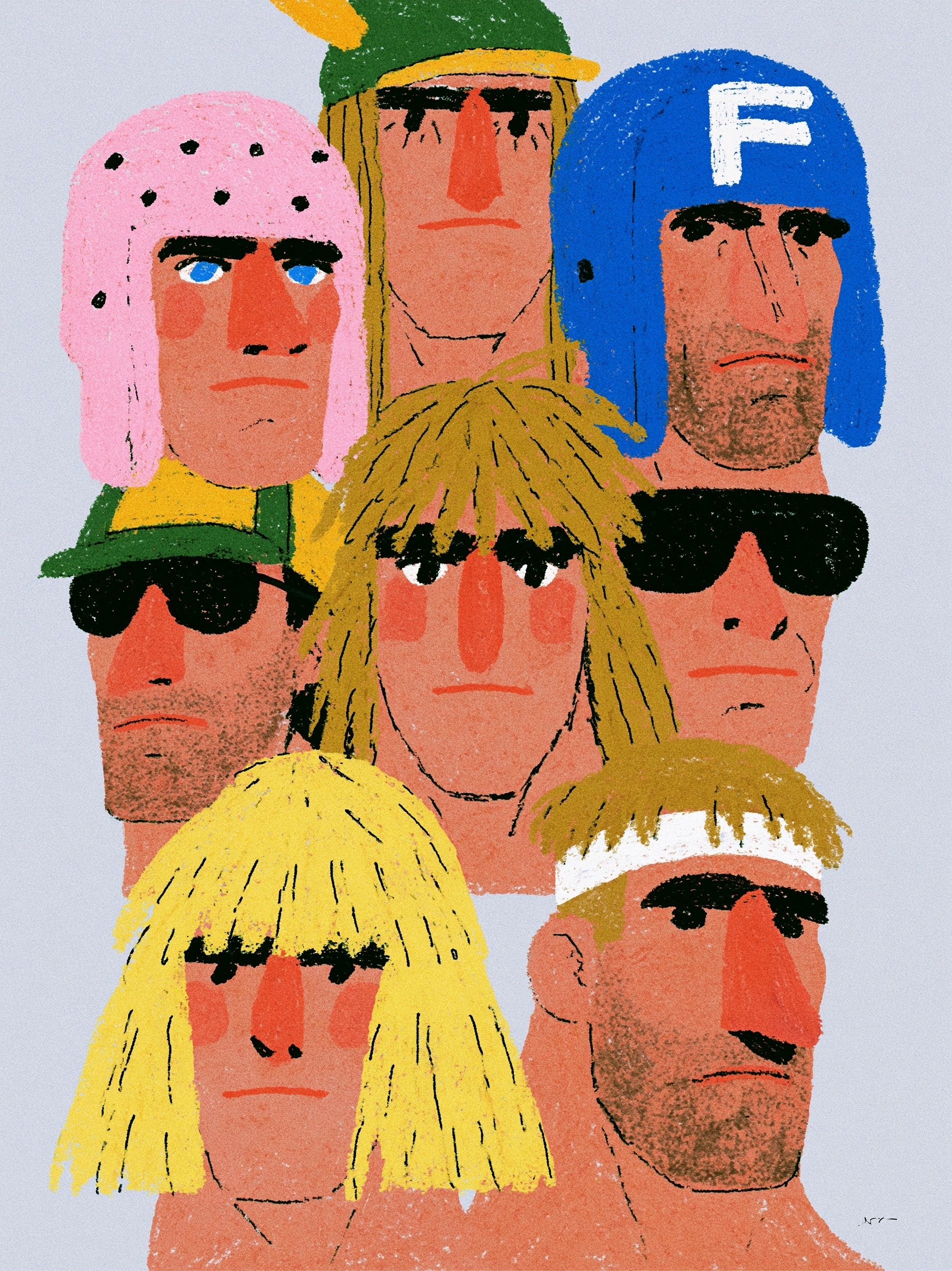 A collection of nine simple character heads in a grid format inspired by 1970s Formula 1, showcasing different sizes and face types.
