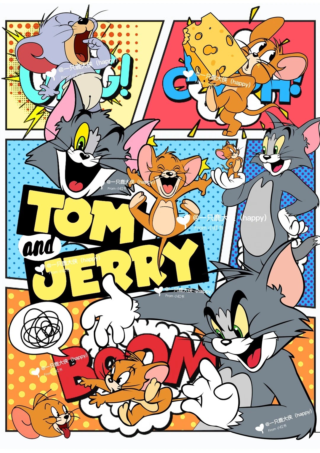 A vibrant pop-art collage featuring Tom and Jerry in dynamic poses