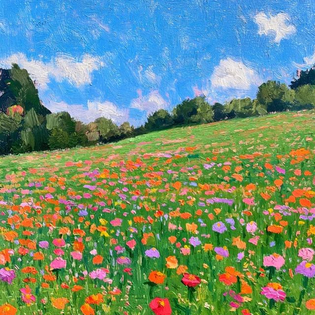 Peinture à l'huile d'une prairie verte du Texas pleine de fleurs de zinnia