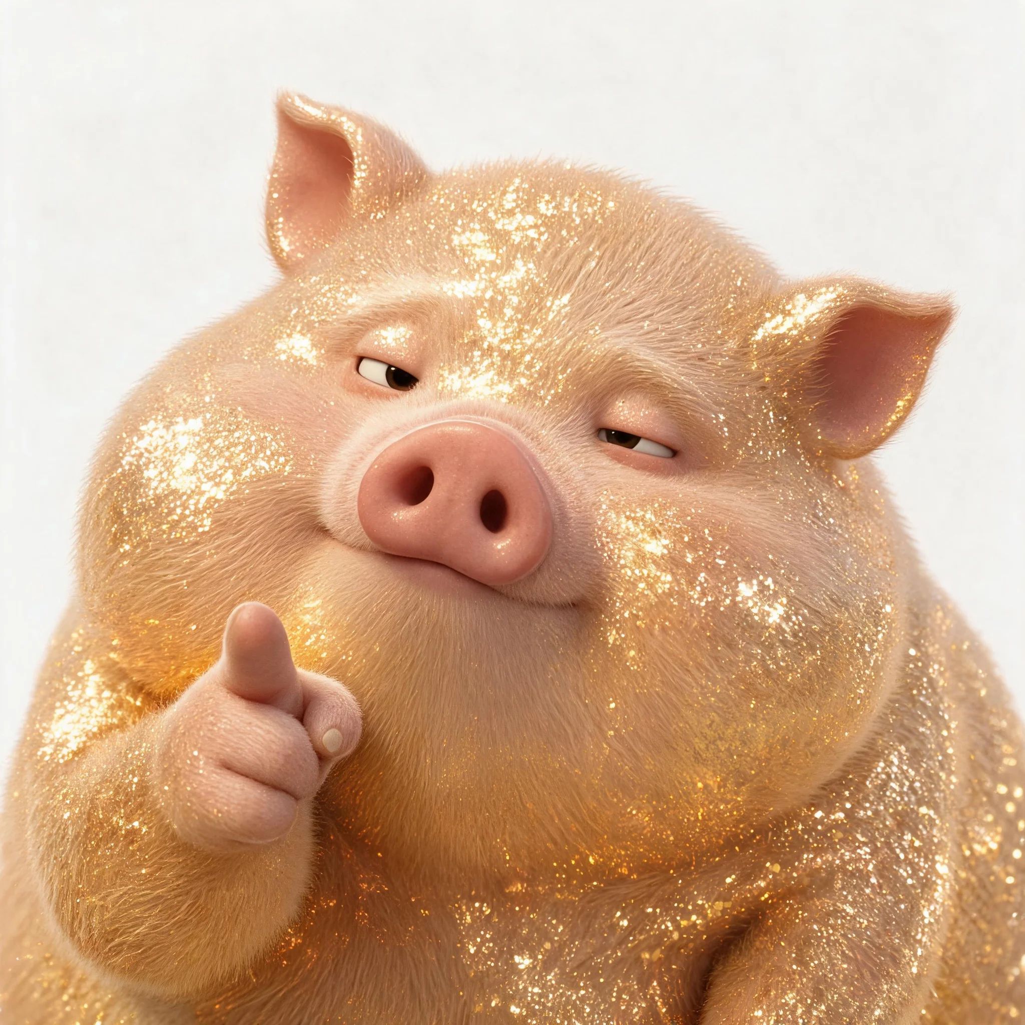 cerdito dorado brillante y regordete señalando hacia adelante