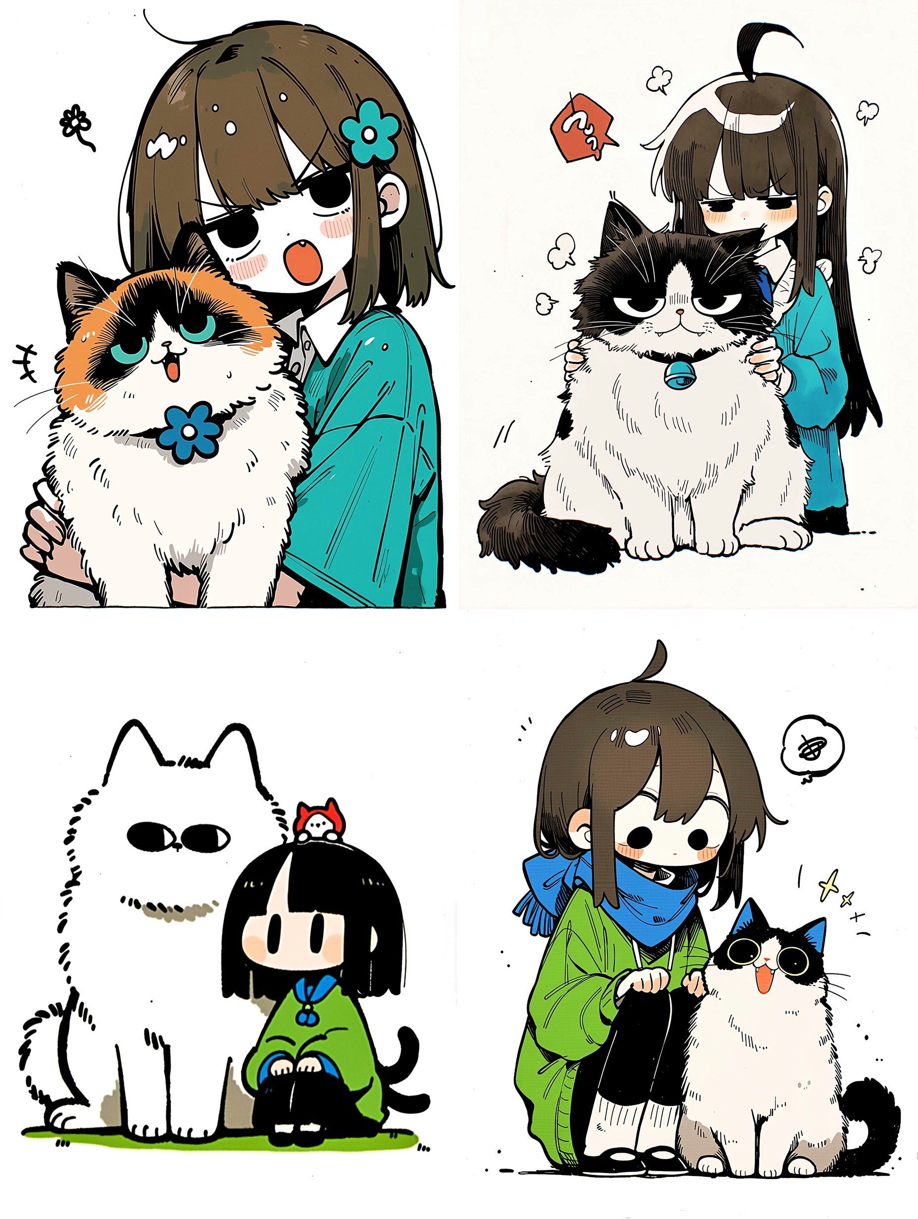 Une bande dessinée en quatre panneaux dépeint des interactions humoristiques entre filles et chats