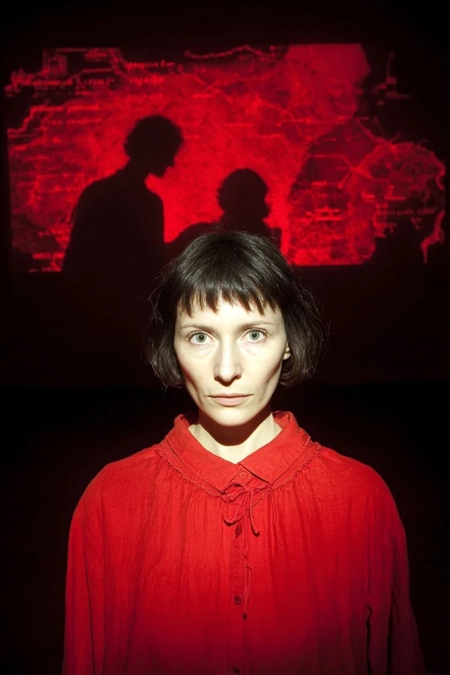 Contraste élevé de clair-obscur avec du rouge saturé sur fond noir, adapté pour les affiches de thrillers psychologiques et promotions de théâtre avant-gardiste