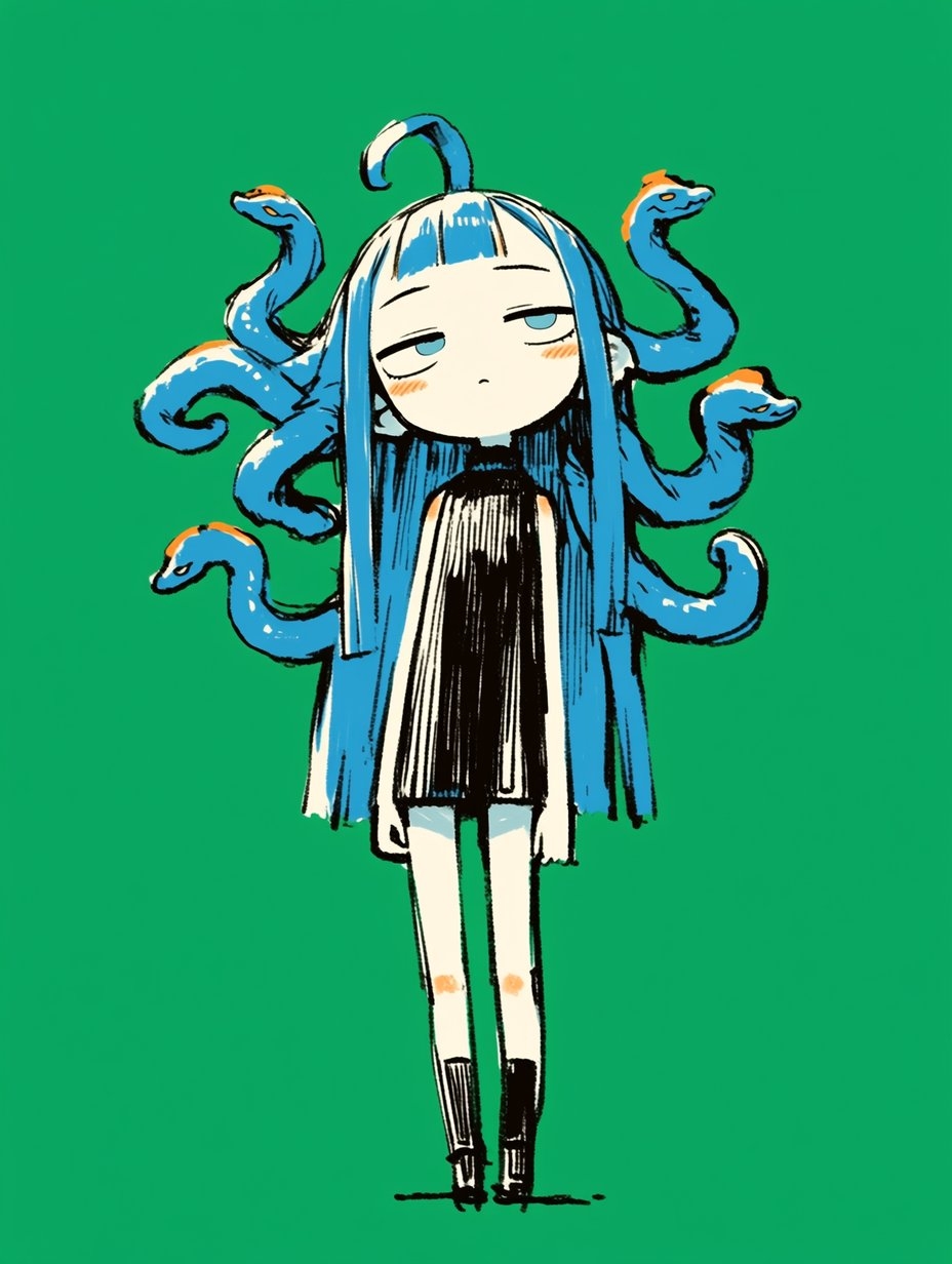 插画描绘了一位苍白的女孩，其蓝色长发变成蛇形触手，穿着简单的黑色无袖裙