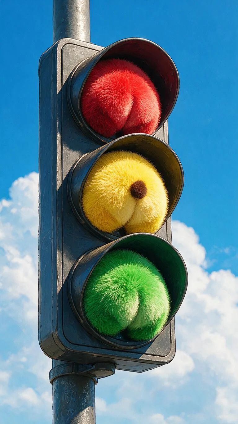 Super realistic style, traffic lights transformed into panda butts, dreamy and soothing atmosphere.