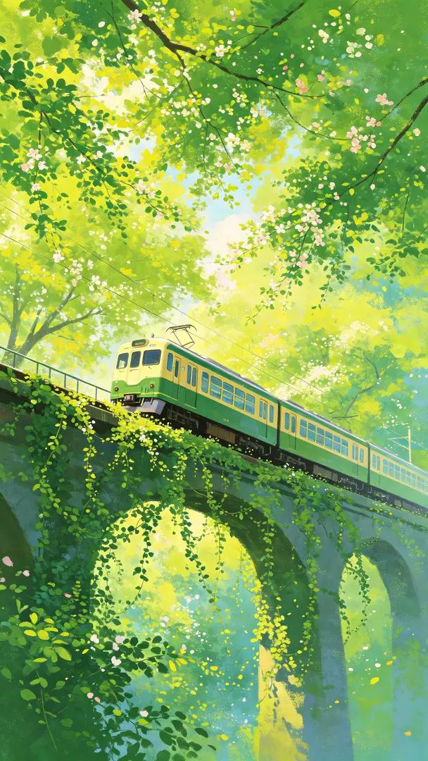 train running through lush green trees in spring seen from below