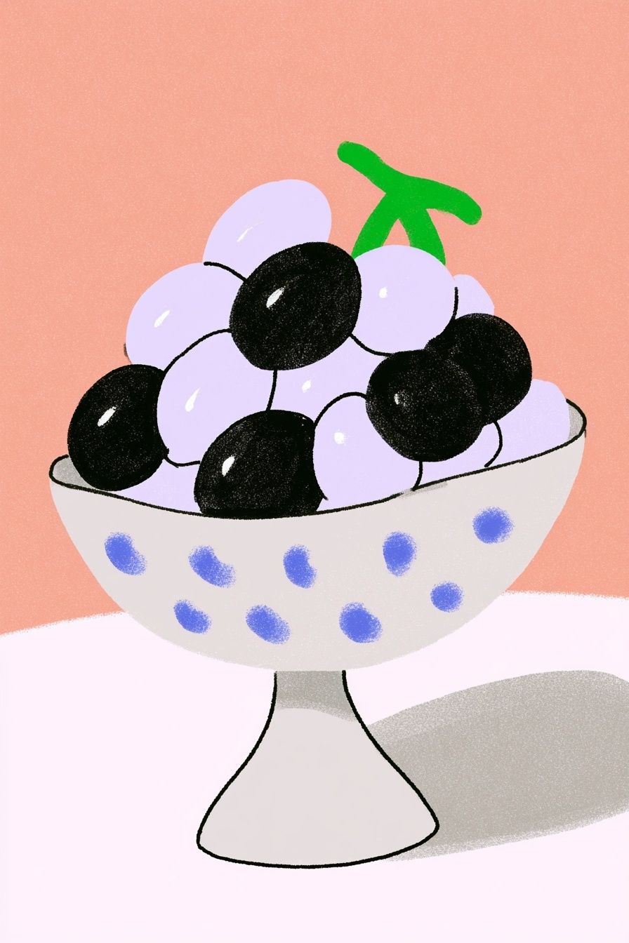 Dibujo lineal de un tazón de uvas al estilo de California