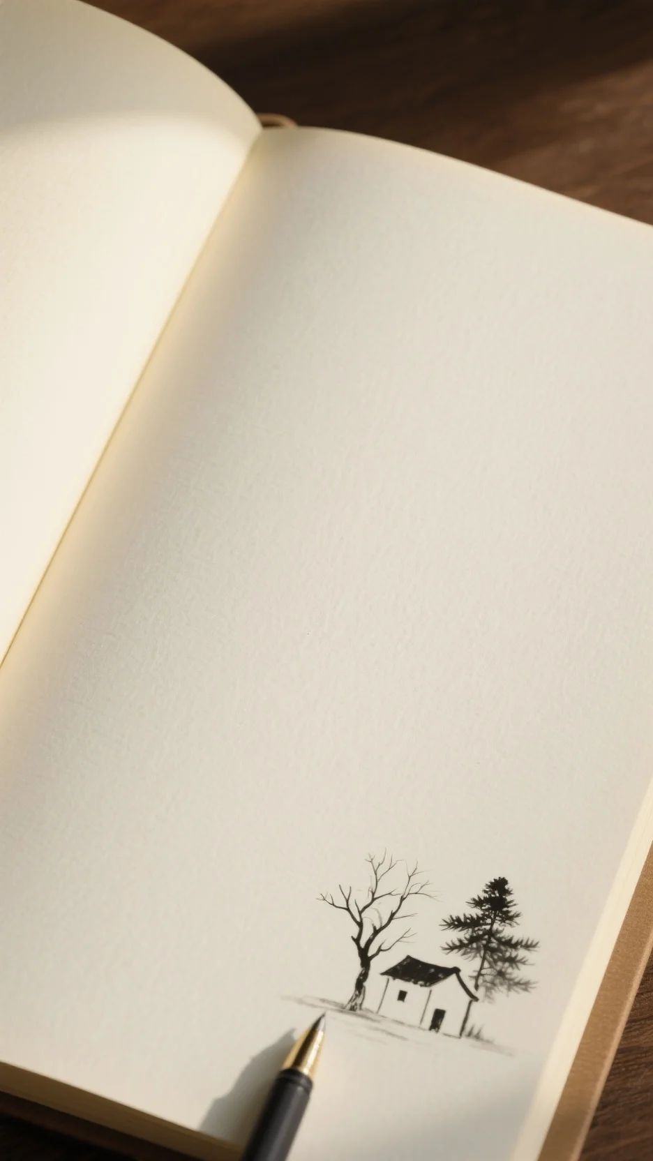 Nahaufnahme einer leeren elfenbeinfarbenen Buchseite mit Tuschezeichnung und Stift