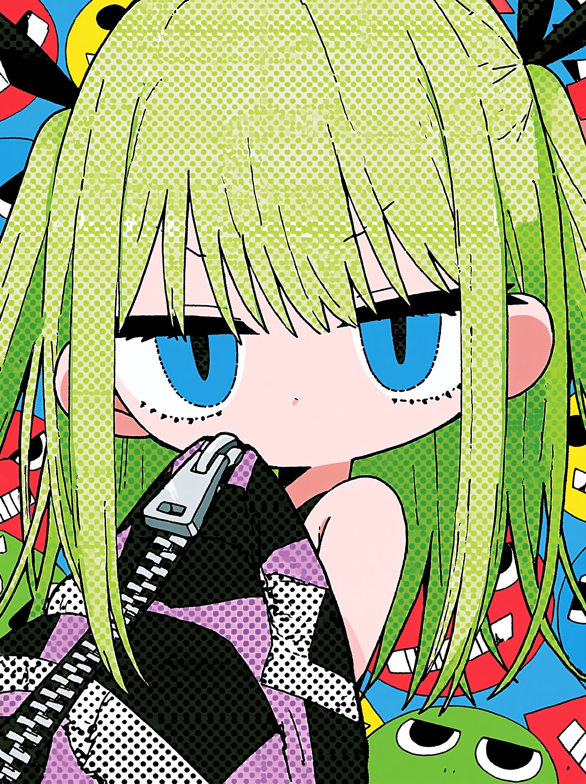 Um personagem em estilo anime com cabelo verde vestindo roupas roxas, sorrindo e fazendo uma pose brincalhona