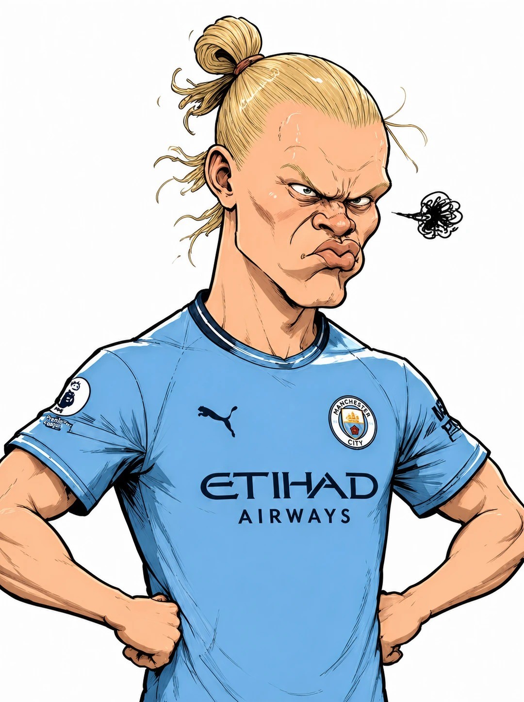 This is a sports caricature featuring exaggerated muscular anatomy and a comically distorted face wearing a light blue football jersey