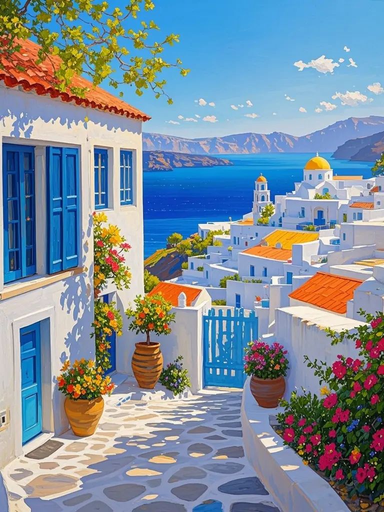 The scenery of Santorini is depicted in oil painting showcasing the blue sky and sea along with dazzling white buildings