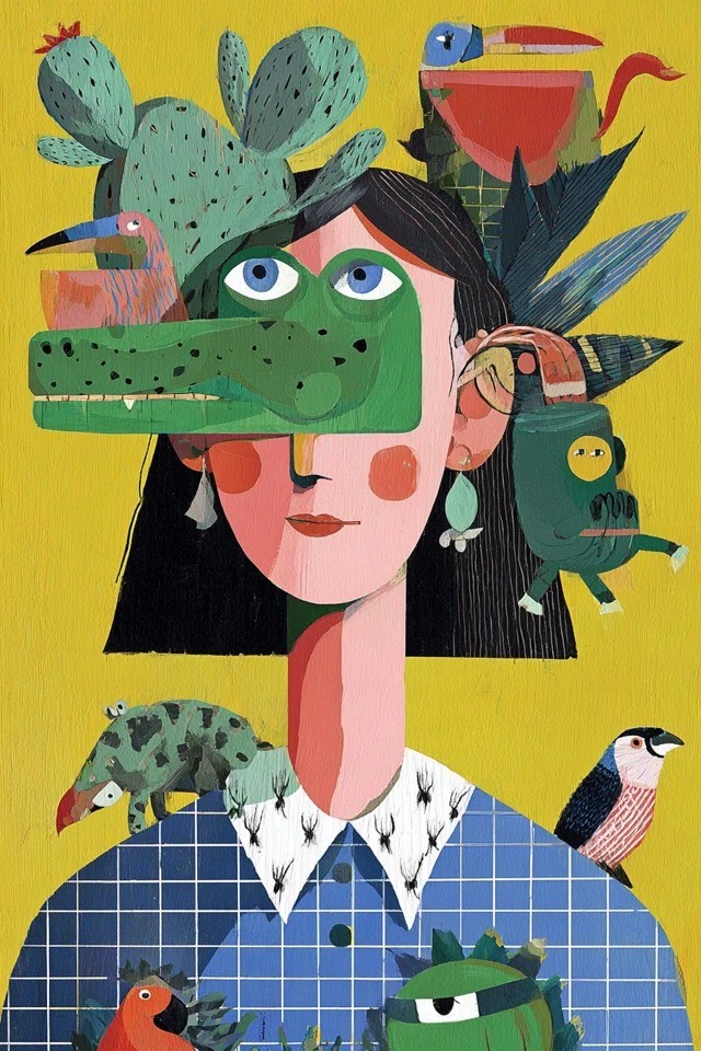 선명한 단색 일러스트, 눈에 띄는 붓질 텍스처