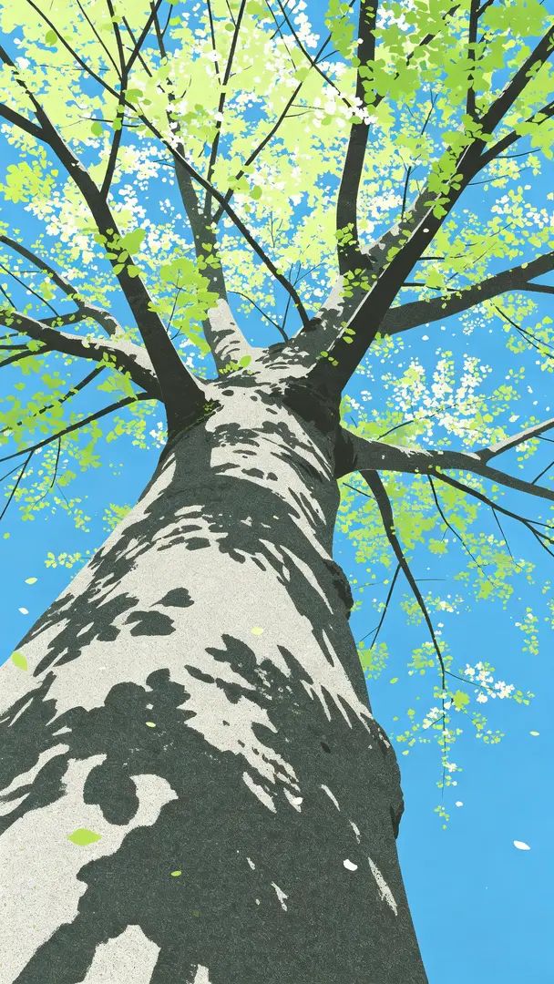 A vibrant spring scene featuring a street with a café, pedestrians, trees, and animals in harmony