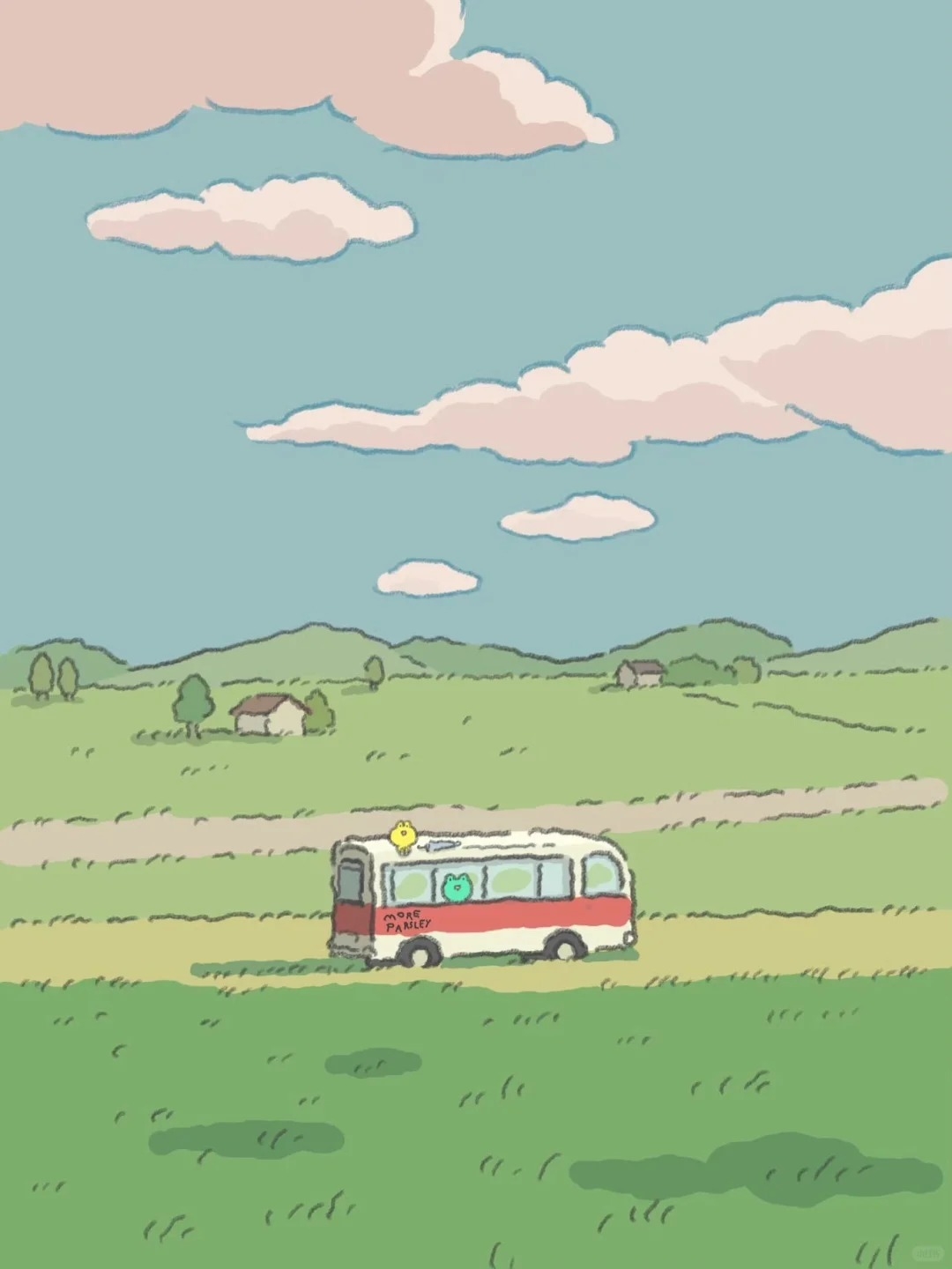 A small red-and-cream bus travels through a whimsical countryside landscape