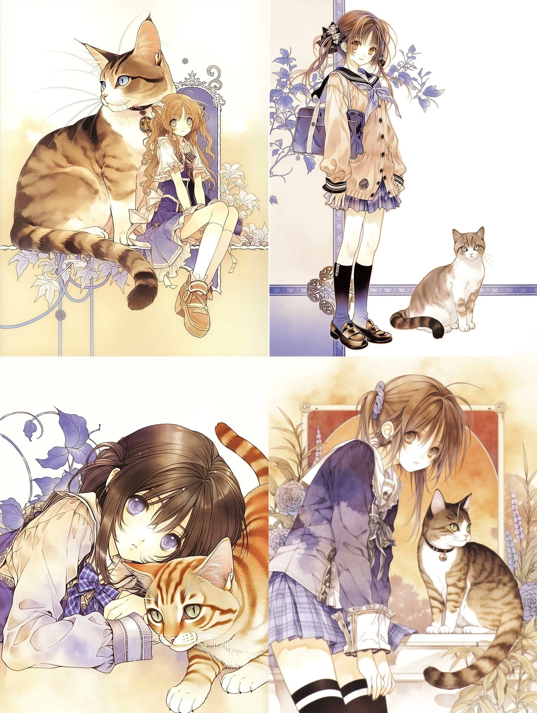 Quatre filles-chats en tenues girly classiques créent une atmosphère chaleureuse et douce