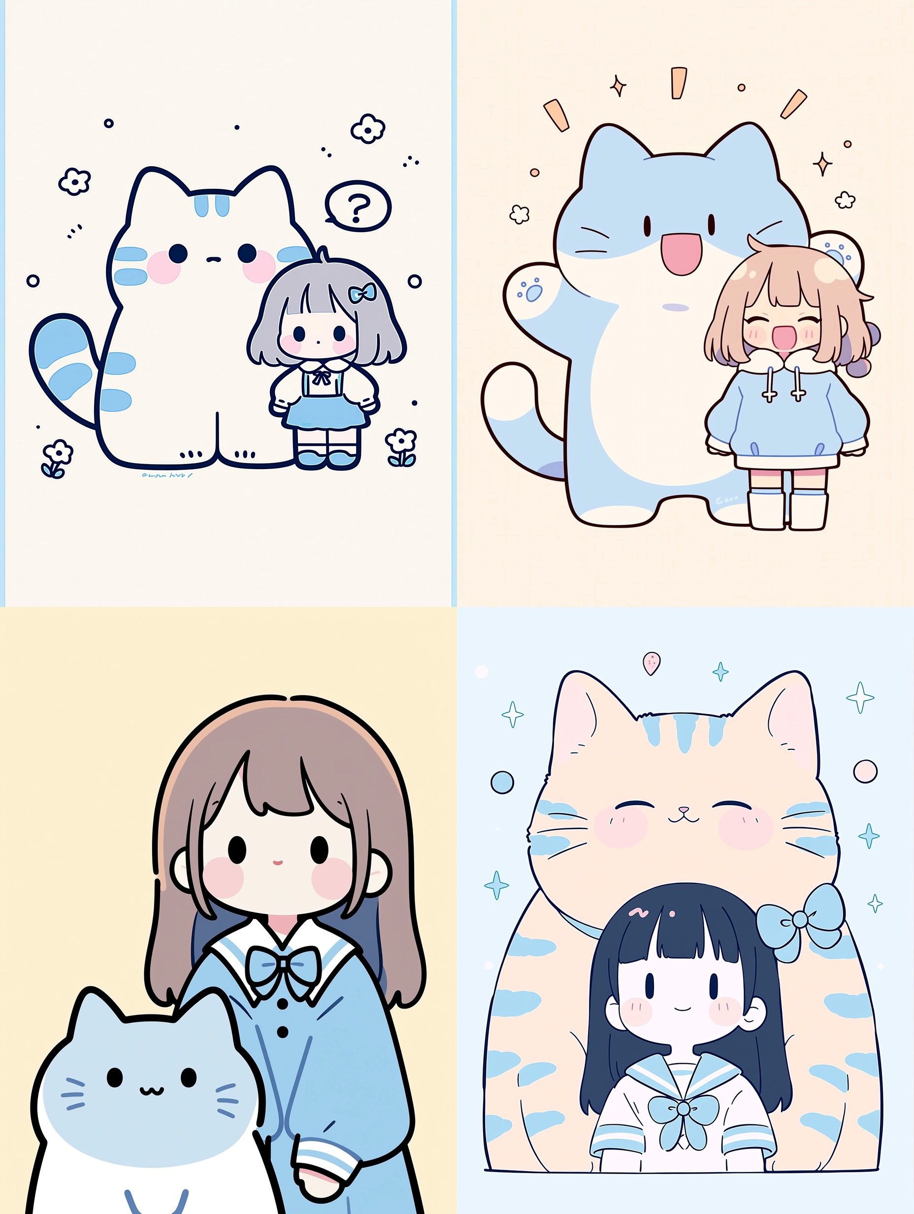 Illustration de quatre filles et de quatre chats dans un style minimaliste