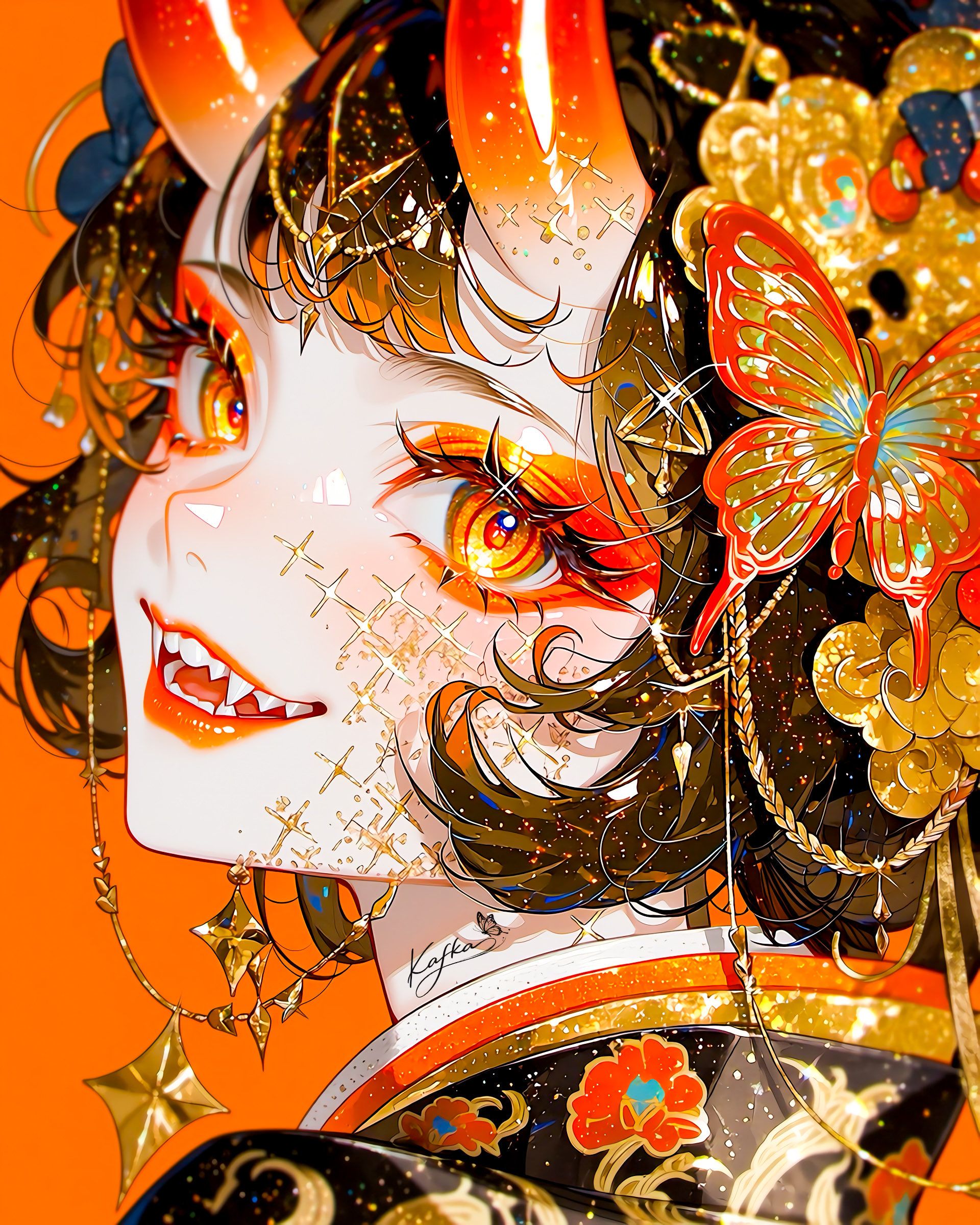 一幅充满活力的动漫插画，突出一个佩戴金色眼饰的角色