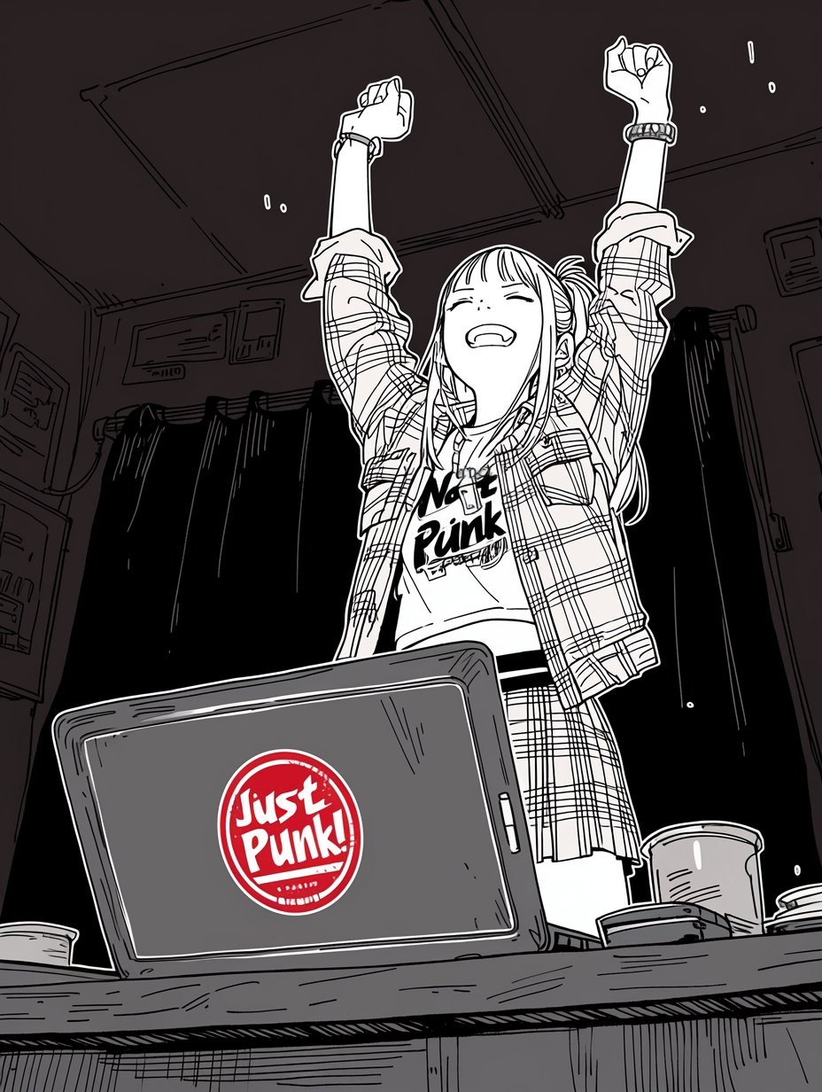 一位年轻女性穿着宽松格子衬衫和图案T恤在黑白漫画插画中庆祝