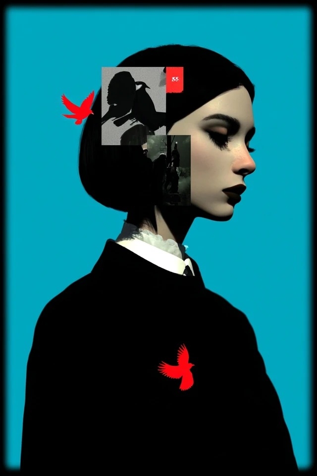 Wagemutige minimalistische Porträtkunst mit einer kontrastreichen Cyan-, Schwarz- und Karminpalette, passend für Modemagazine und Albumcover