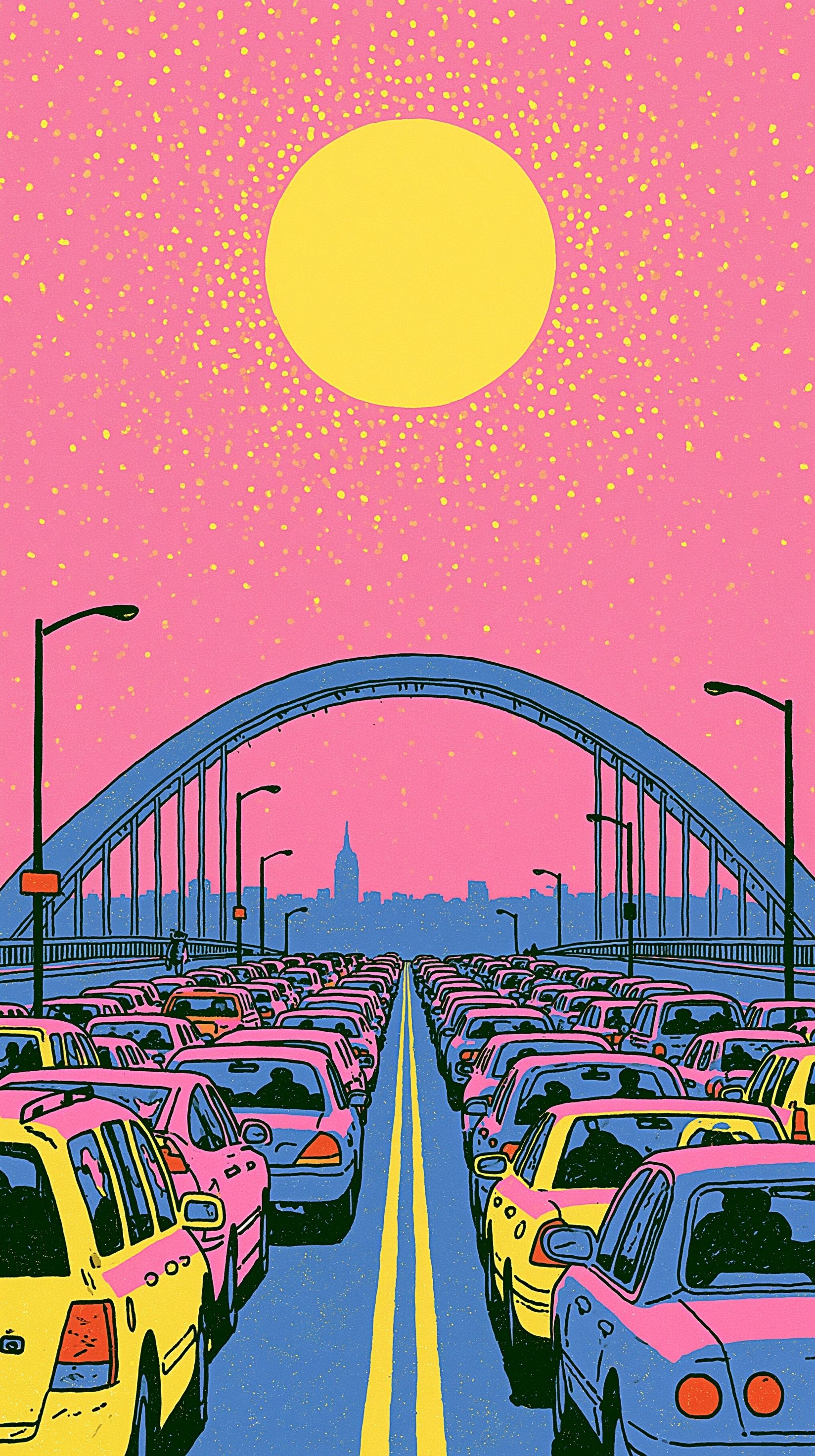 Ilustrações de cartas de tarô coloridas com arco-íris, cores de gradiente plano, ponte de pedestres que atravessa a rua, vista em perspectiva, carros preenchendo o espaço abaixo, fundo de pôr do sol, proporções peculiares, linhas pretas ligeiramente ásperas, tons suaves de tons pastel, sombras minimalistas, uma atmosfera leitosa e onírica, um estilo de revista independente, areia caindo, um halo de luz congelado em um estado sincronizado e em transe, uma cena de xilogravura