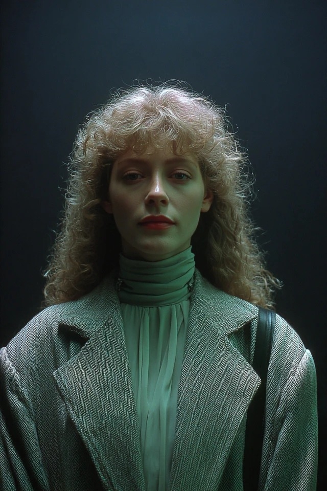 Retrato estilo neo-noir con grano de película de los 1980 y tonos verde azulado desaturados