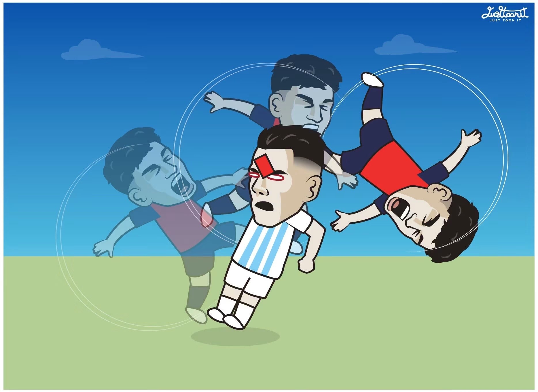 Three exaggerated cartoon footballers spin against a vivid sky and grass background