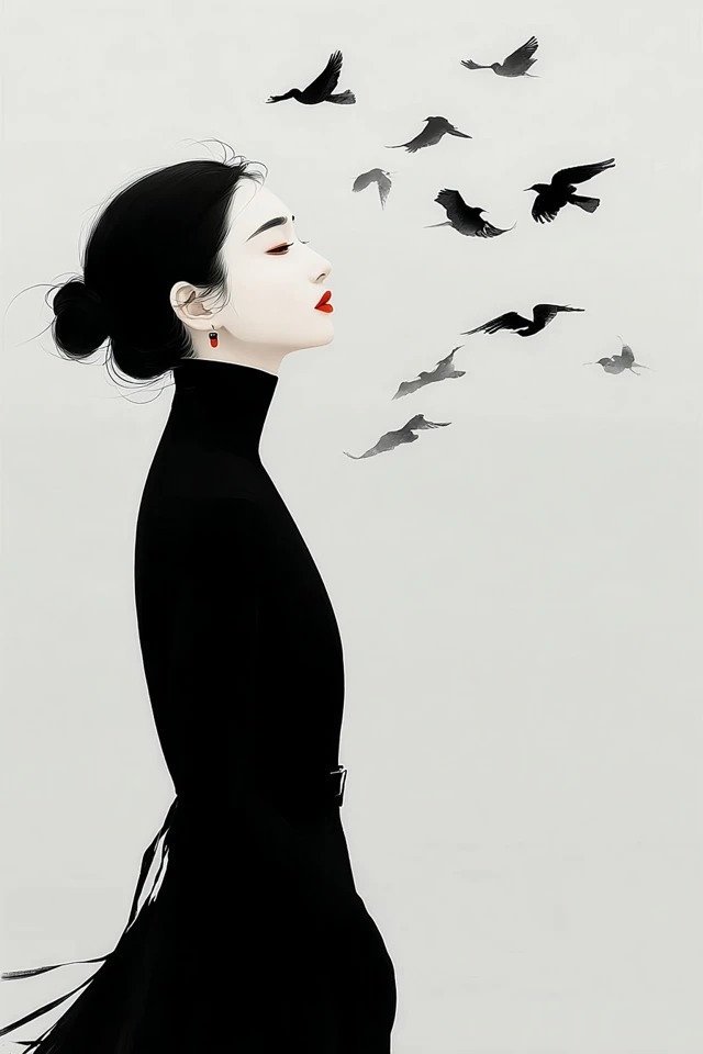 Minimalist ink-wash style with black and white contrast suitable for fashion and luxury brands
