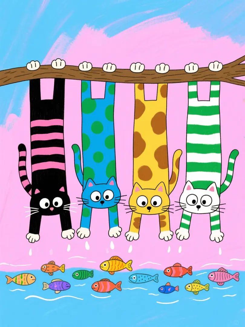 Four cartoon cats with different patterns hang upside down from a branch, surprised by the small fish swimming by