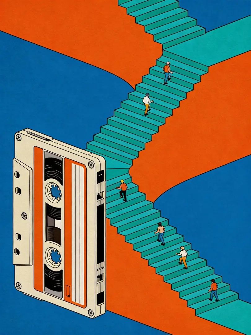 Simon Bailly and Diberkato create a minimalist absurd cassette tape staircase illustration