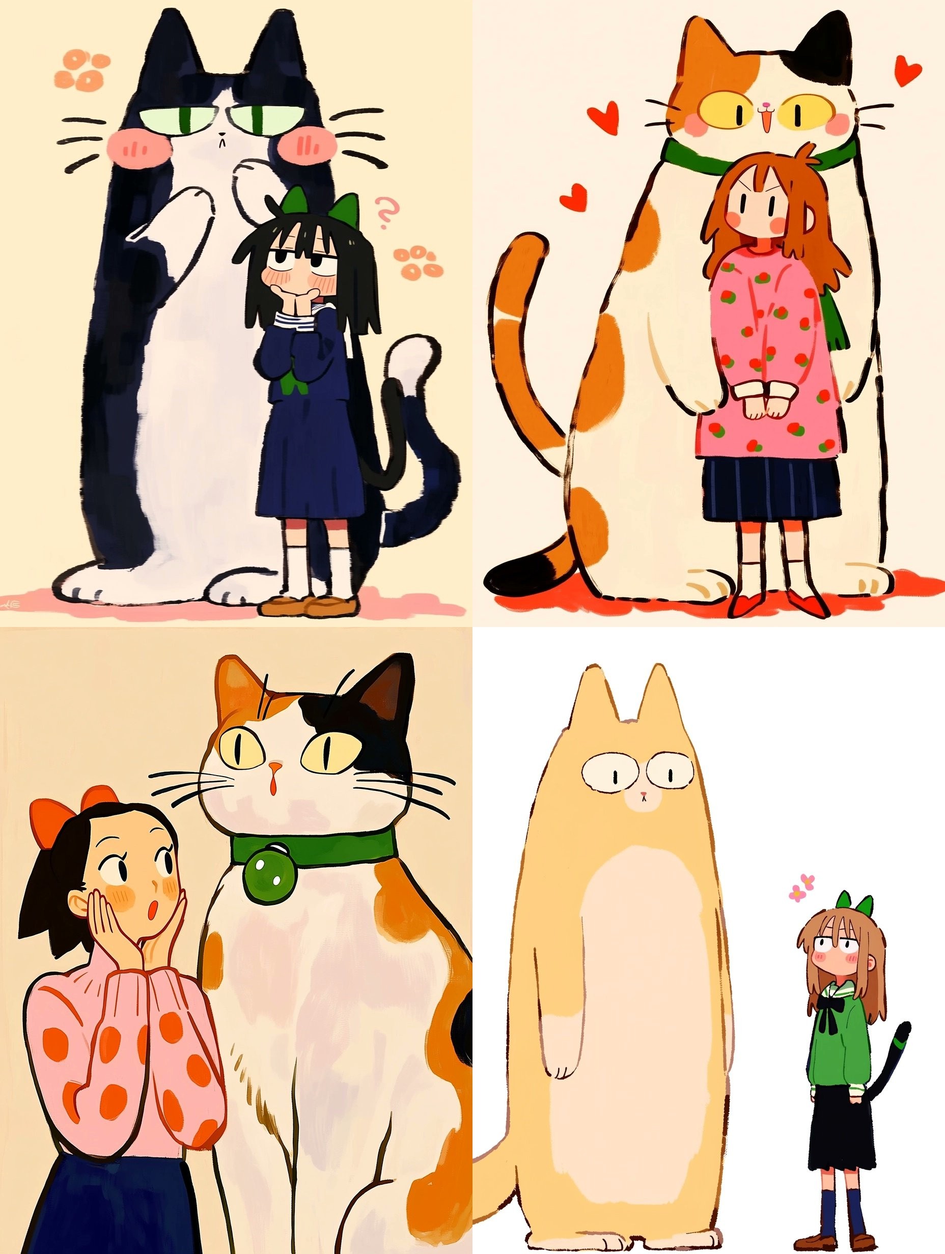 Comic mit Mädchen, die mit verschiedenen Katzen interagieren