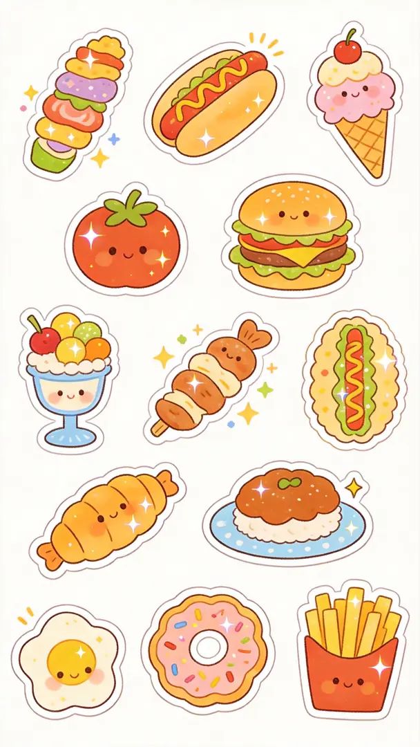 Kindergarten style colorful cute food sticker design