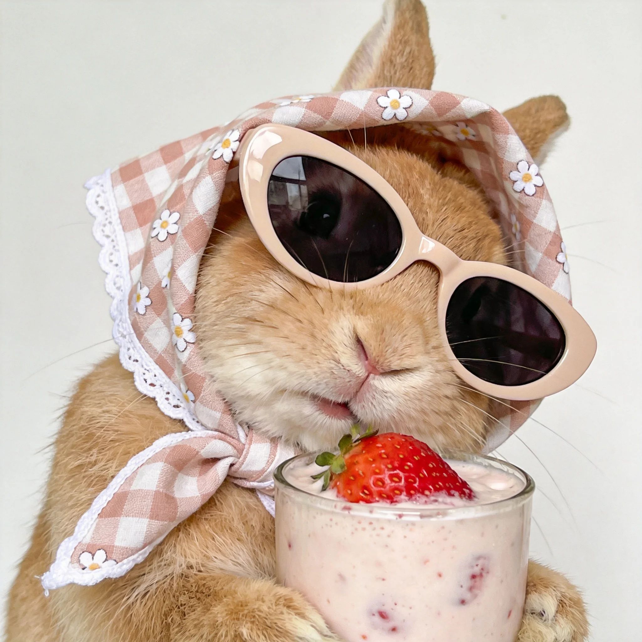 A cute bunny headshot with pink sunglasses holding a strawberry milkshake, enjoying a cool summer vibe.