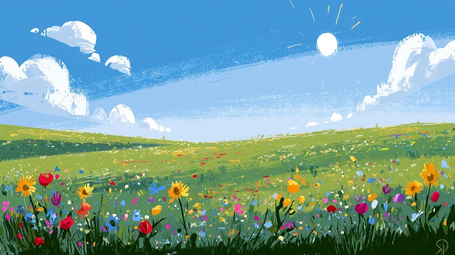 美しいカートゥーン調の絵で描かれた田園の平野には、明るい緑の植物、数個の雲が浮かび、鮮やかな花が散らばり、完璧な晴れた日が描かれています