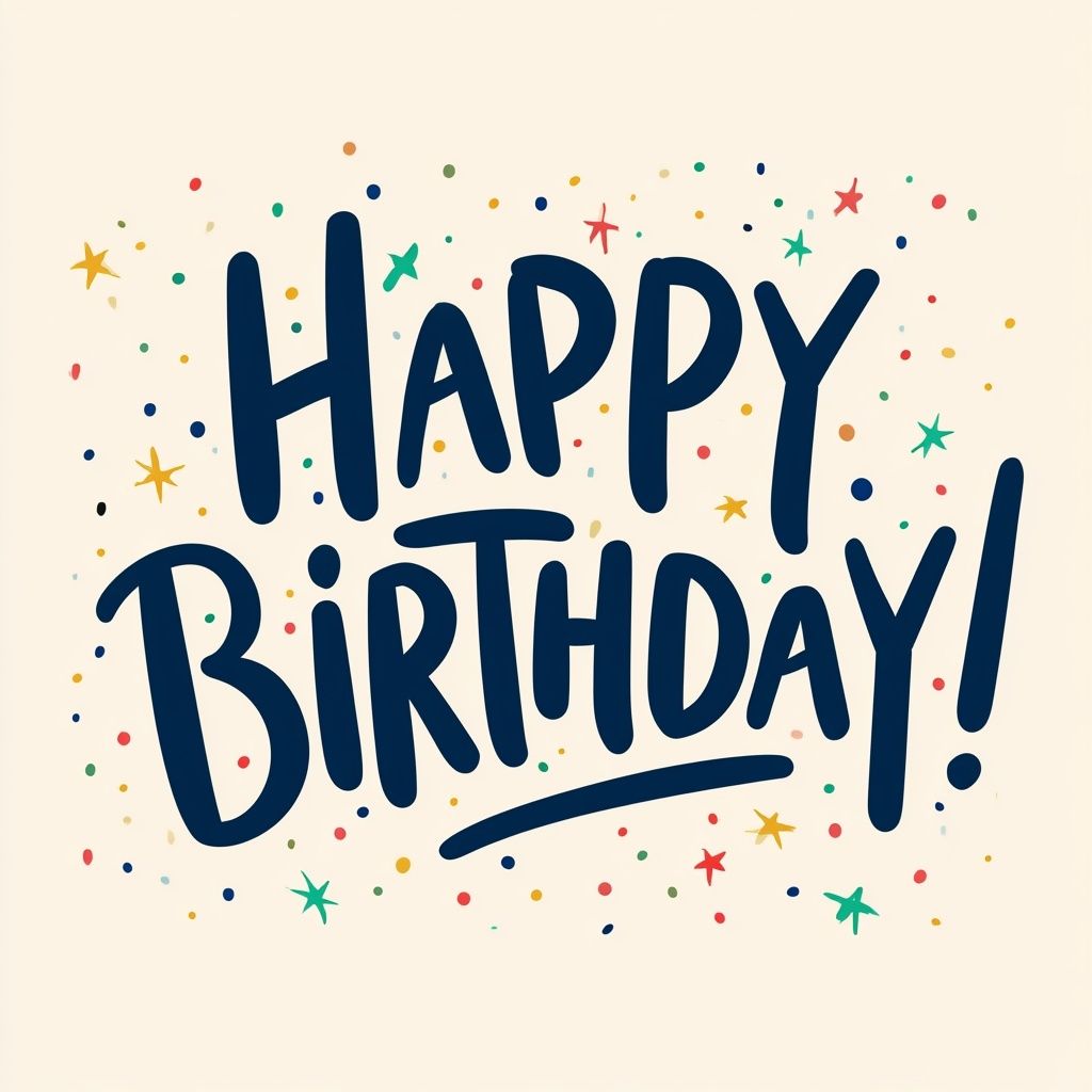 Hand-lettered typography of 'Happy Birthday' with bold, bouncy lettering in thick navy blue on a cream beige background, accented by scattered confetti stars and dots in red, yellow, blue, and green