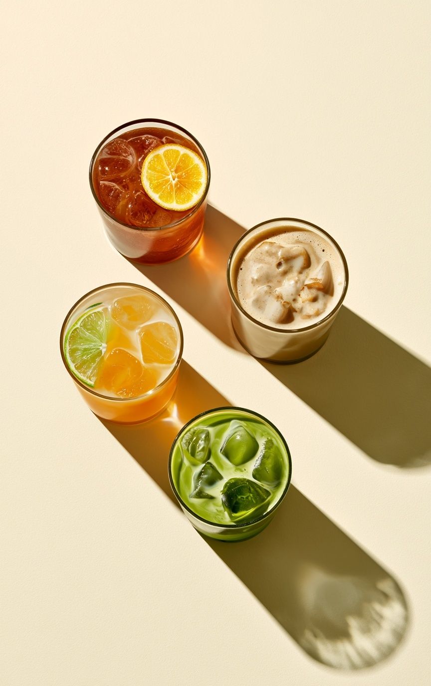Tres bebidas en vasos vistas desde arriba, incluyendo té helado de yuzu y jengibre, café con leche helado de pan de plátano y matcha helado, en un fondo crema minimalista