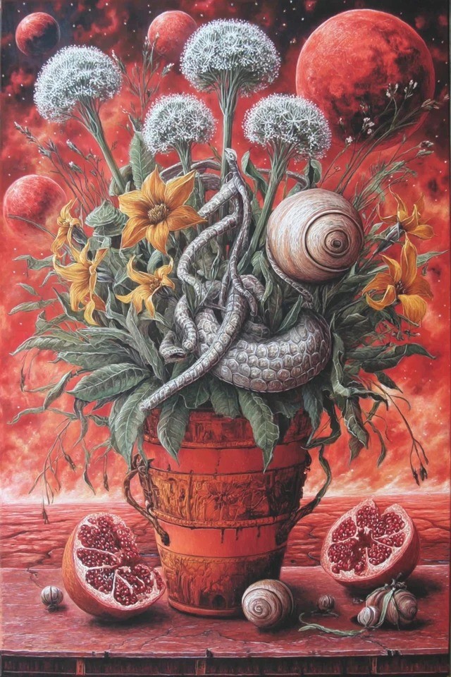 Surrealistische Ölgemälde mit tiefroten und gebrannten Siena-Tönen und komplizierter barocker Ornamentik