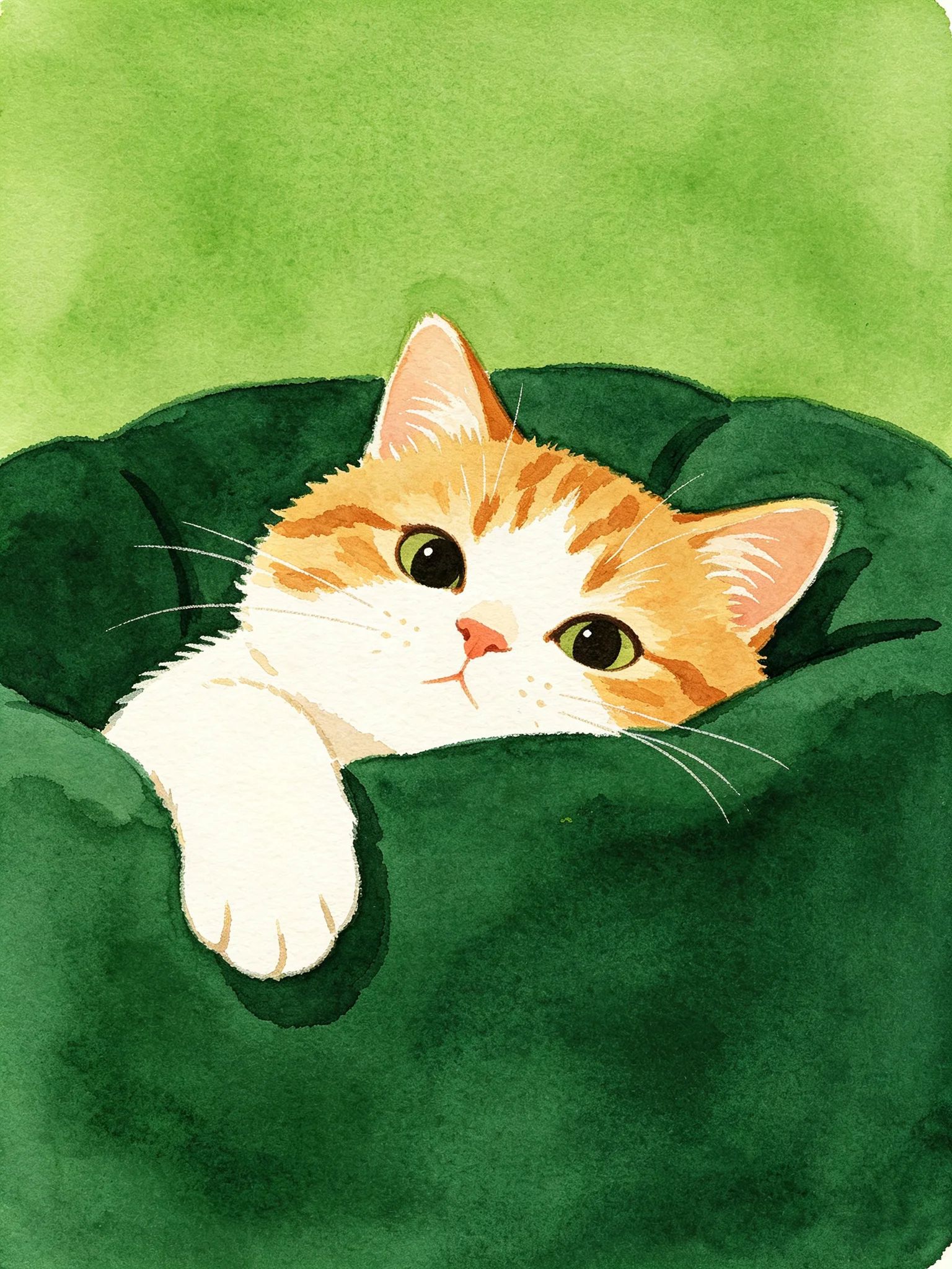 柔らかい猫の頭が深緑のクッションに寄り添い、独特な表情を見せている