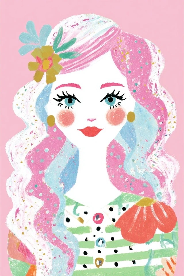 Ilustración pastel suave en rosa caramelo y verde menta para portadas de libros infantiles