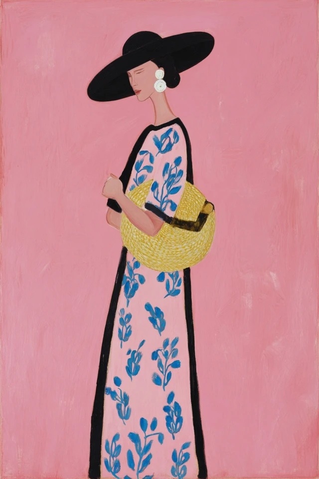 Dies ist eine mutige Flachbildillustration mit einem gesättigten rosa Hintergrund, schwarzen Umrissen und botanischen Motiven, geeignet für Modemagazine und Sommerkampagnen