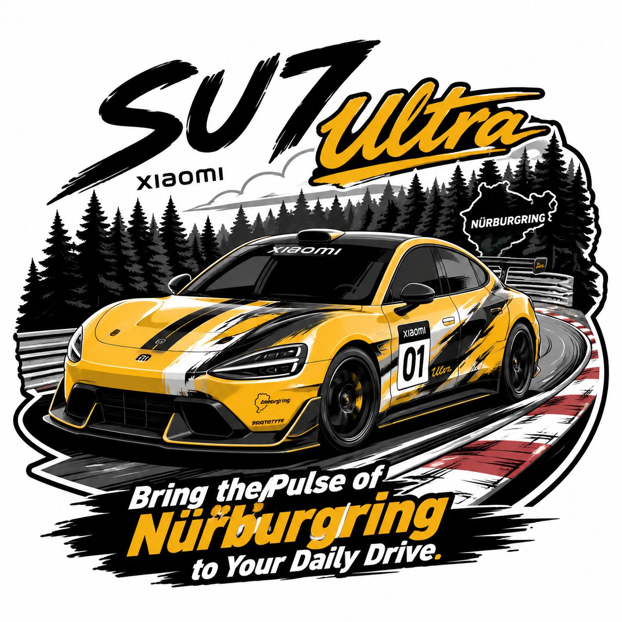 小米su7 ultra在纽北赛道上行驶的T恤图案设计