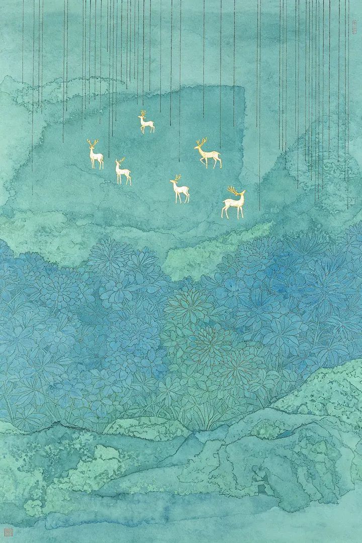 Lu Yanguang's award-winning work showcases Eastern-style surreal abstract expressionism with mineral colors and intricate line illustrations