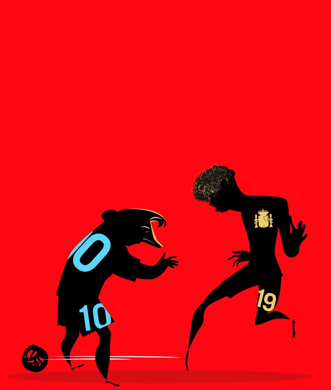 Black silhouette and red background depict confrontational sports imagery