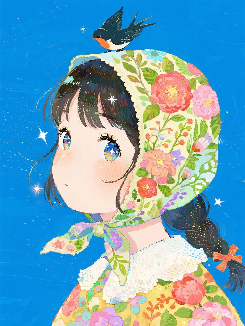 Abstract pointillism illustration of a girl with scarf and abundant flowers in maximalist style