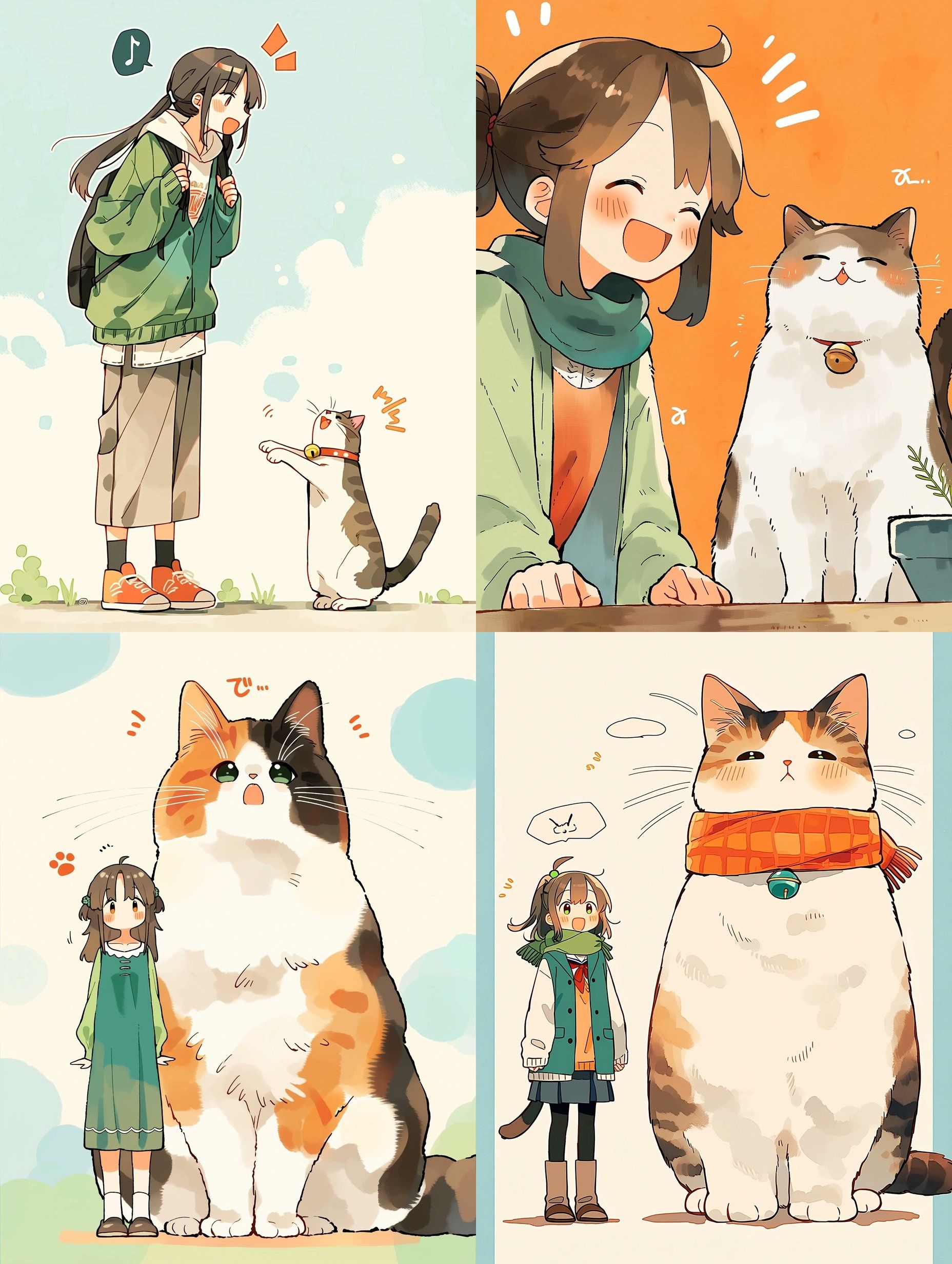 A watercolor-textured four-panel comic collage depicts daily interactions between girls and giant cats