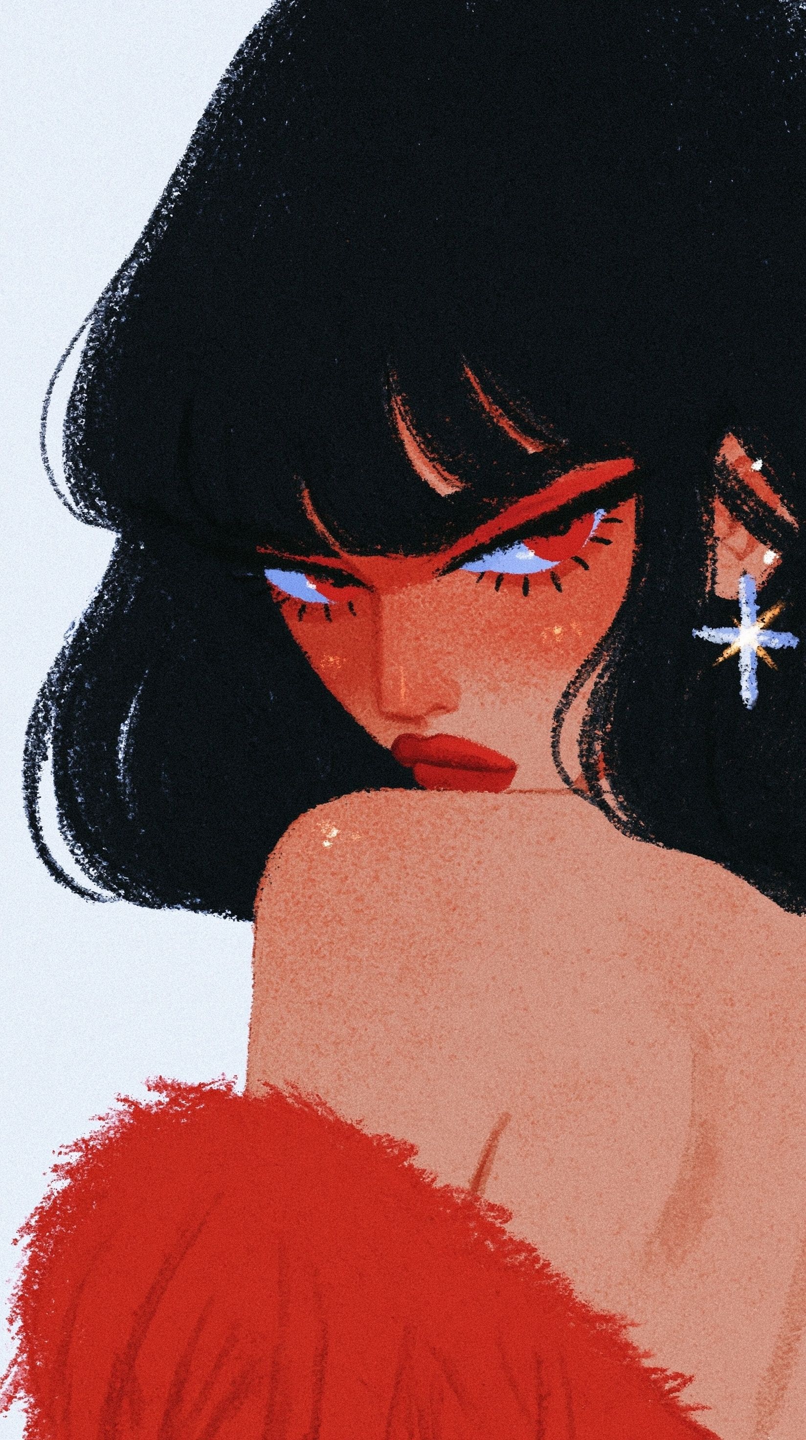 medium close-up portrait of a brunette femme fatale
