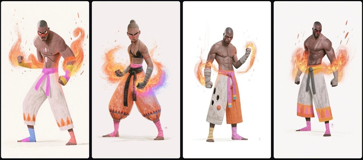 The 3D character design of four flame warriors showcases different battle poses and styles