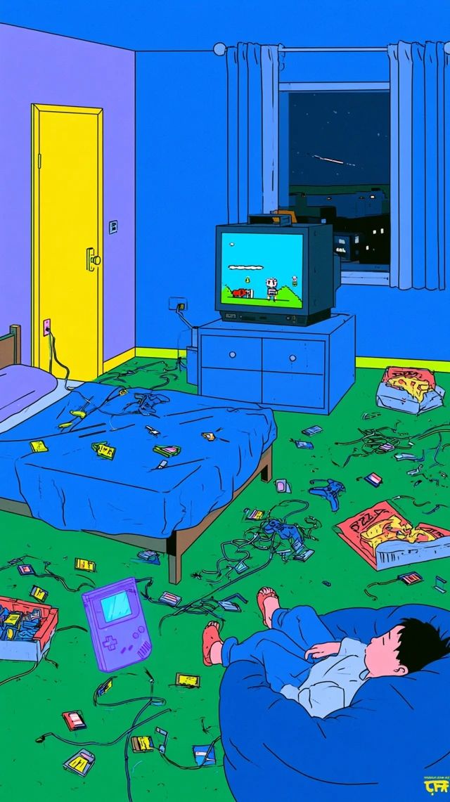 A 90s bedroom scene at night with a teenager asleep in a beanbag chair surrounded by game cartridges and pizza boxes