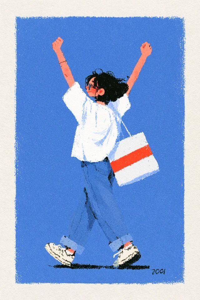 A woman raising both arms in a 'victory pose' with a shopping bag on one arm