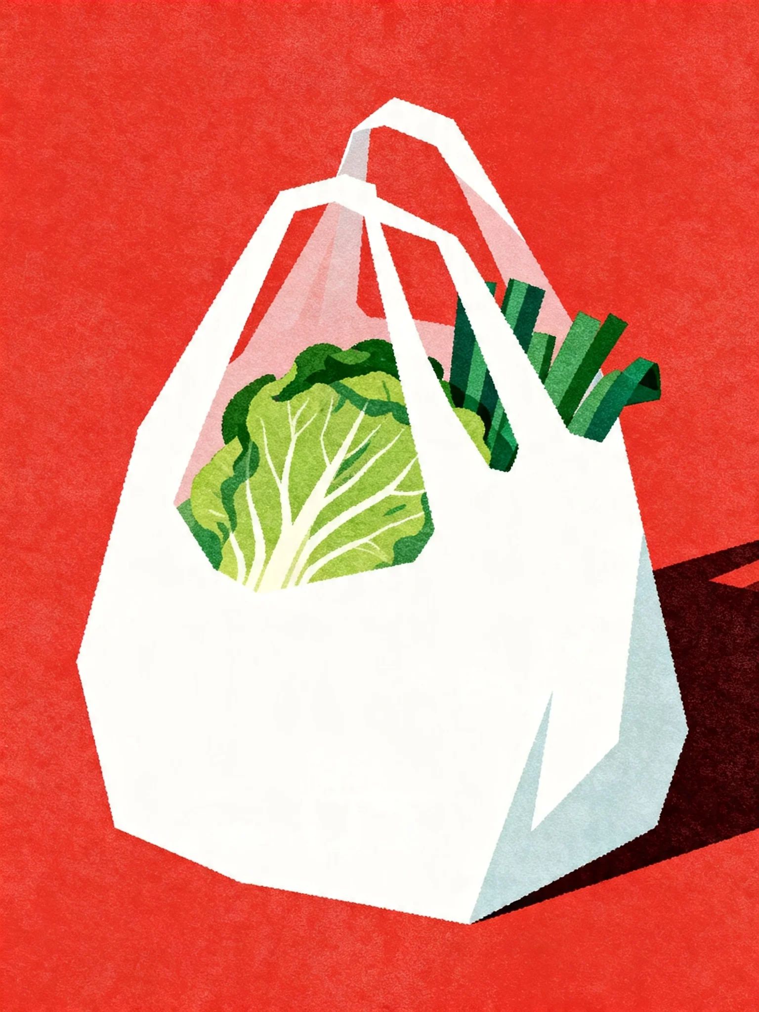White vegetables in a white plastic bag on a red background, Japanese restrained aesthetic, breathing layout.