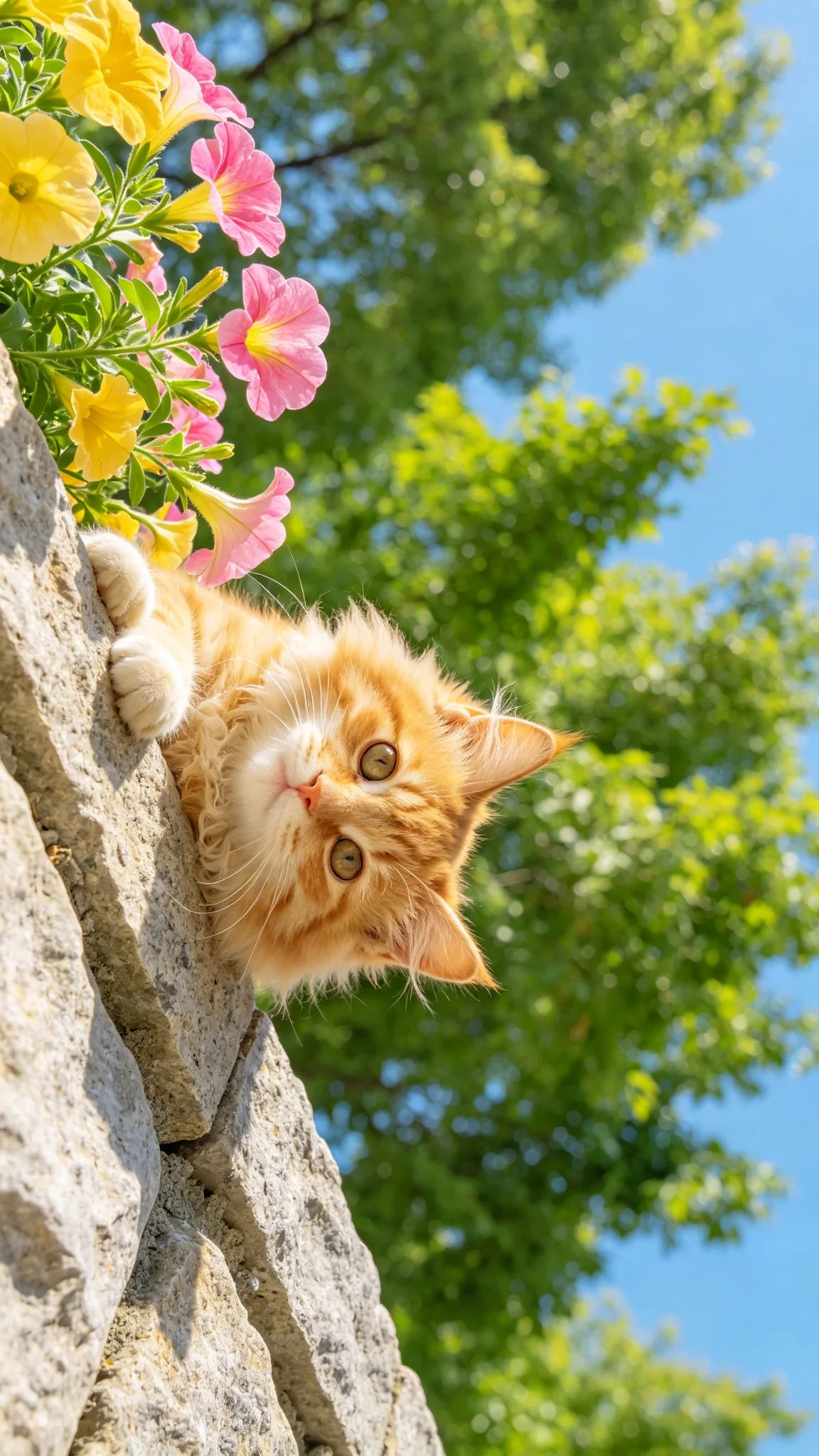 Un petit chat orange duveteux émerge d'une fissure dans la pierre en regardant curieusement l'objectif