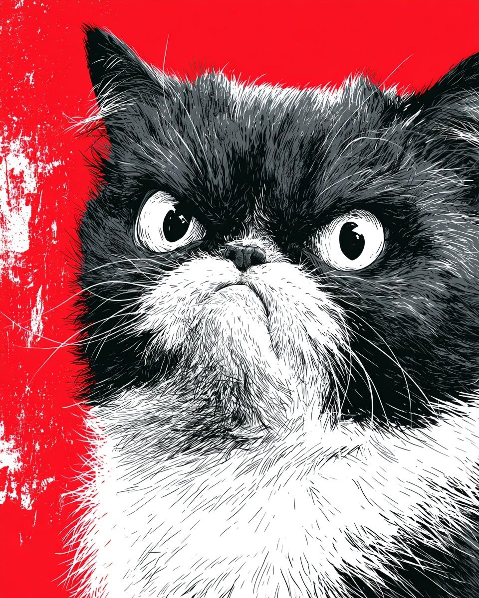 一匹激怒した面白い猫、誇張された怒った顔、表情豊かな目、コミカルな態度、劇的な照明、クリーンな背景、高品質の編集イラスト、被写体は猫または複数の猫であること、激しい怒って不機嫌なおかしな猫、強烈な視覚的構図、後でオーバーレイするためのクリーンな空間、赤、濃い炭、白色のアクセント、高コントラスト、磨かれた仕上げ、テキストなし、言葉なし、文字なし、ロゴなし、字幕なし、タイポグラフィなし、透かし無し